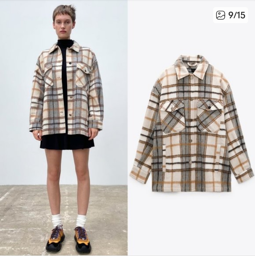 Zara | Oversized Plaid Beige And Grey Wool Blend Shacket Coat